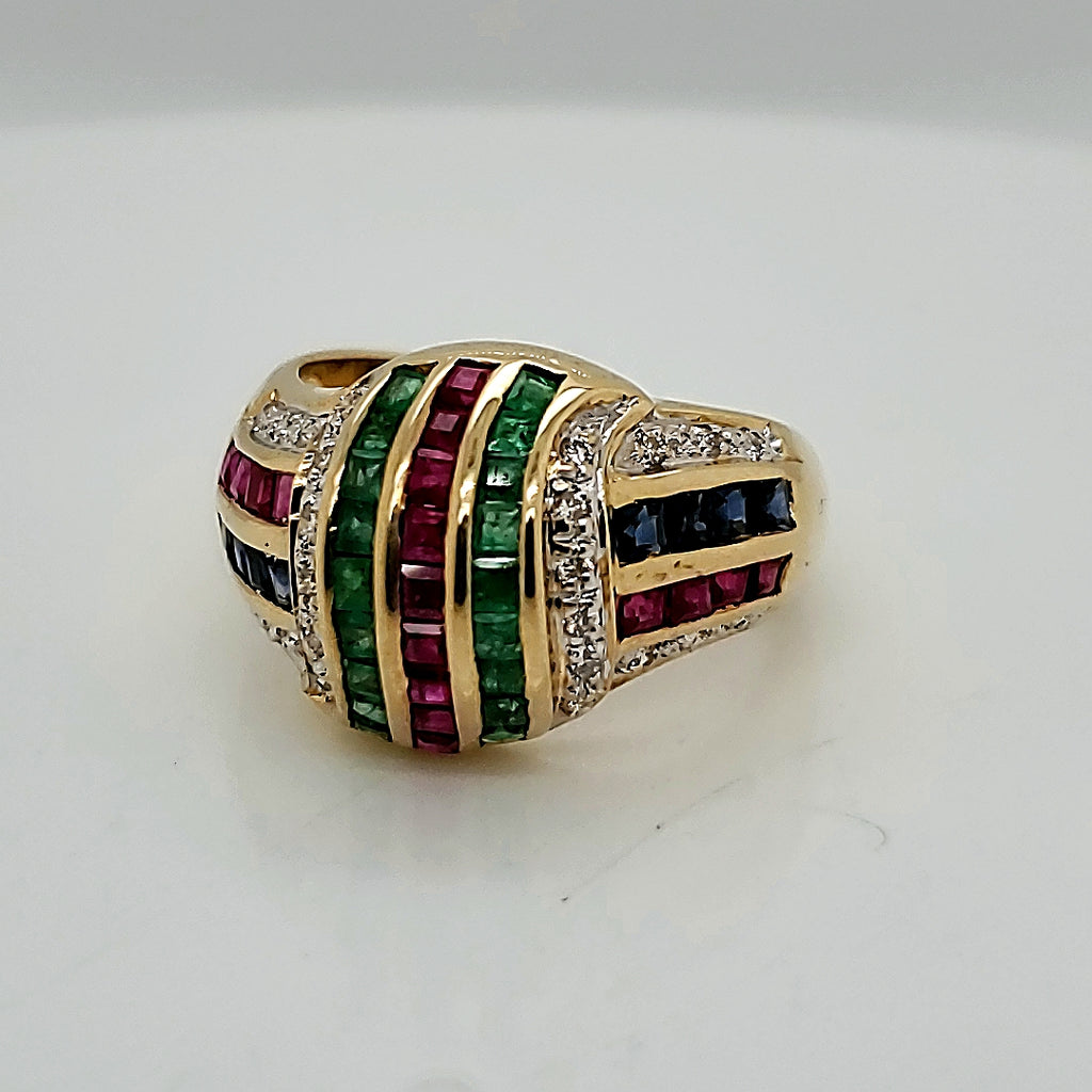 18kt Yellow Gold Emerald Ruby Sapphire and Diamond Ring