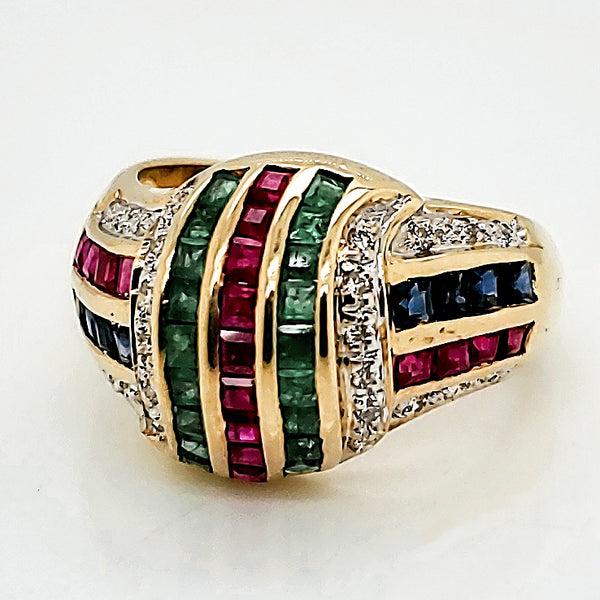 18kt Yellow Gold Emerald Ruby Sapphire and Diamond Ring