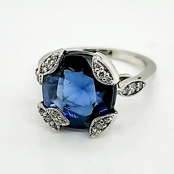 14kt White Gold Synthetic Sapphire and Natural Diamond Ring