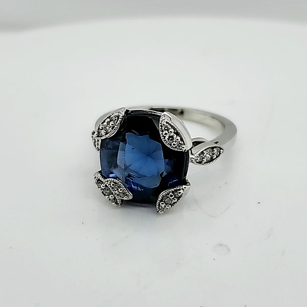 14kt White Gold Synthetic Sapphire and Natural Diamond Ring