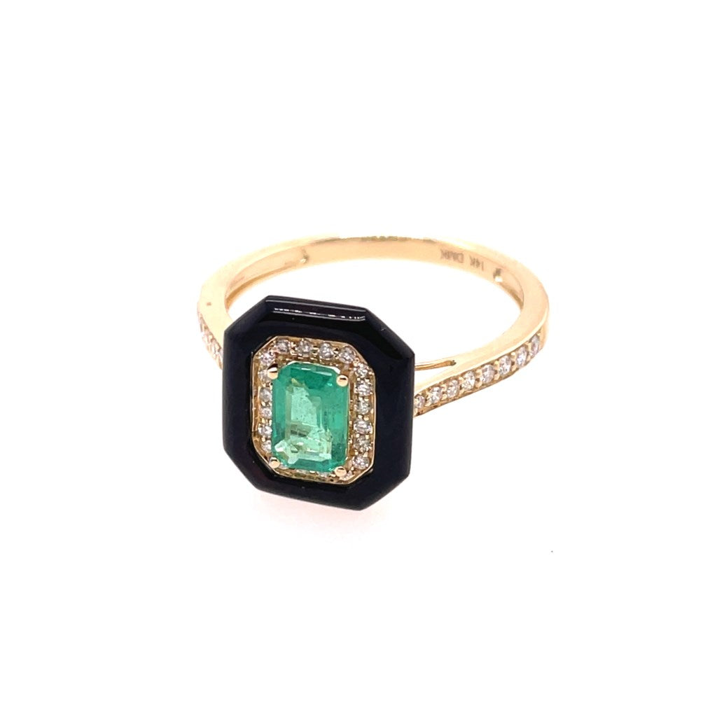 14kt Yellow Gold Onyx Emerald And Diamond Ring