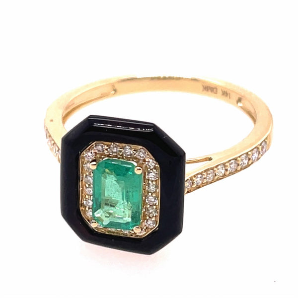 14kt Yellow Gold Onyx Emerald And Diamond Ring