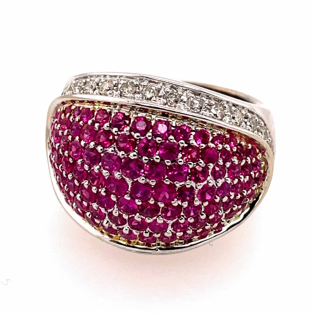 14kt White Gold Dome Shape Ruby And Diamond Fashion Ring