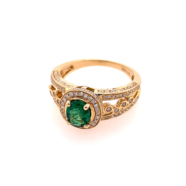 14kt Yellow Gold Emerald And Diamond Halo Ring