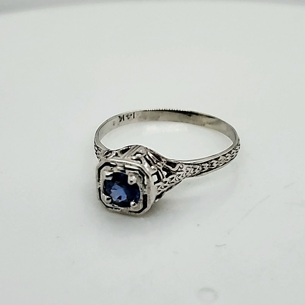 14kt White Gold Art Deco Sapphire And Diamond Ring