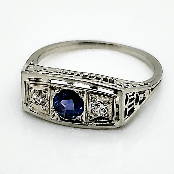 Art Deco 18kt White Gold Sapphire and Diamond Ring