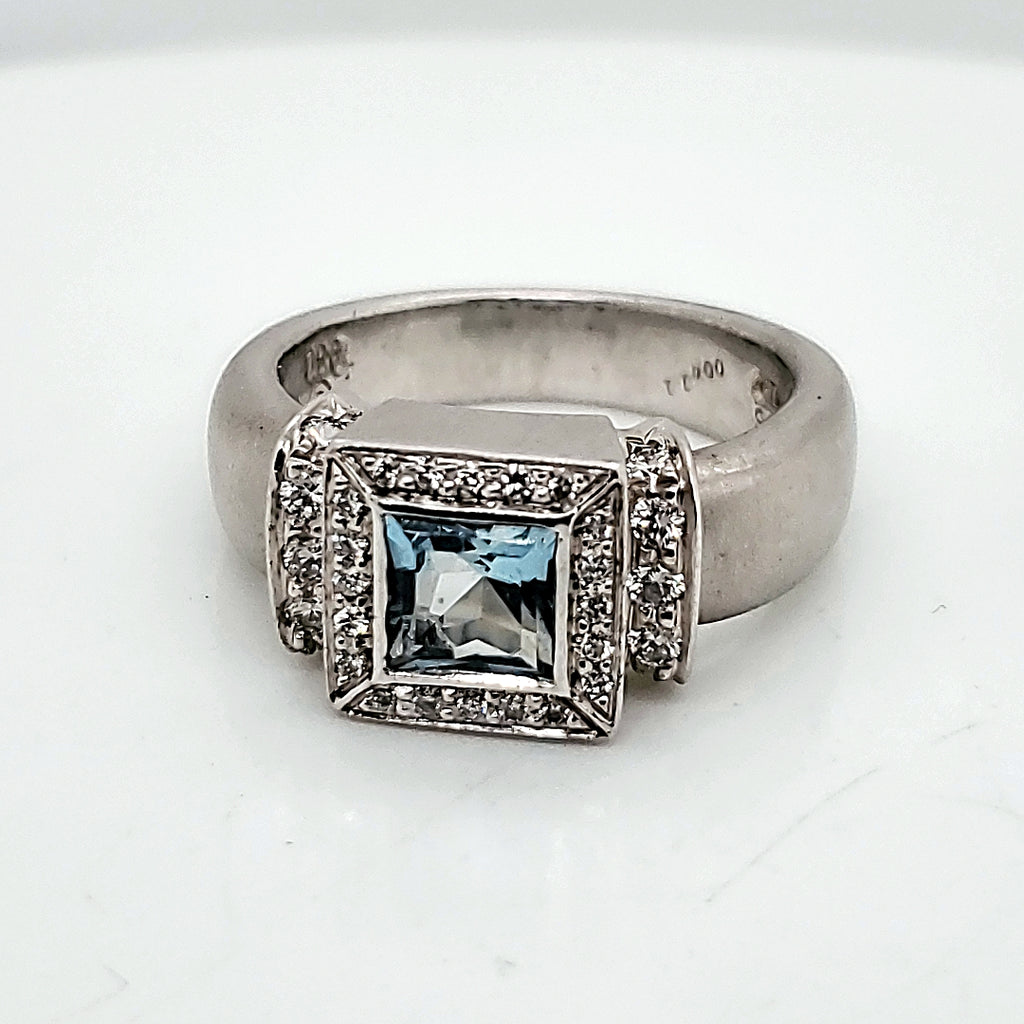 Platinum aquamarine and diamond satin finish ring