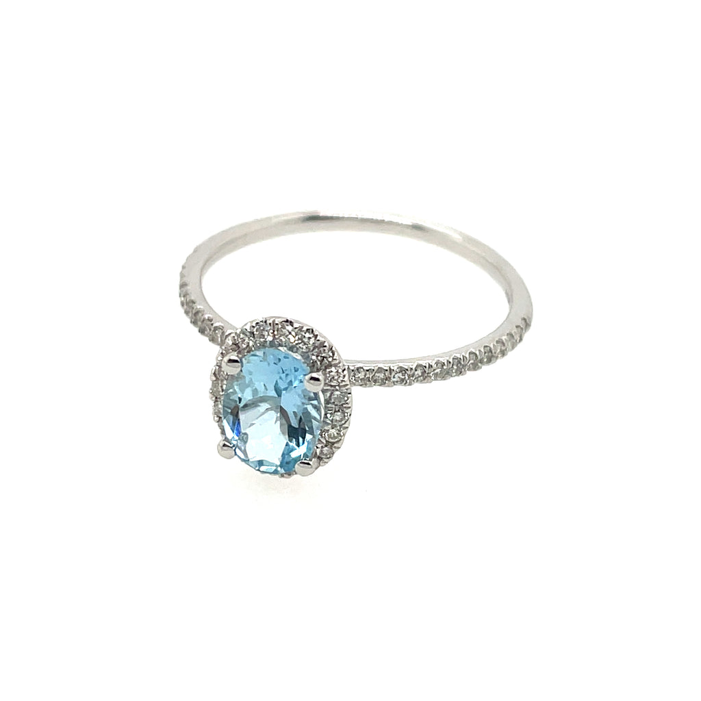 14kt White Gold 0.75 Carat Oval Aqua And Diamond Gemstone Ring