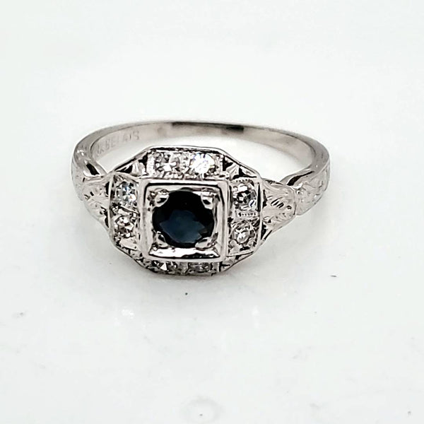 Art Deco 18kt White Gold Sapphire and Diamond Ring