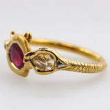 The End of Eden By Candace Wade Hand Fabricated 22kt Yellow Gold Ruby Emerald and Diamond Ring