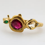 The End of Eden By Candace Wade Hand Fabricated 22kt Yellow Gold Ruby Emerald and Diamond Ring