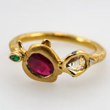 The End of Eden By Candace Wade Hand Fabricated 22kt Yellow Gold Ruby Emerald and Diamond Ring