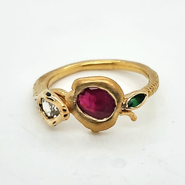 The End of Eden By Candace Wade Hand Fabricated 22kt Yellow Gold Ruby Emerald and Diamond Ring