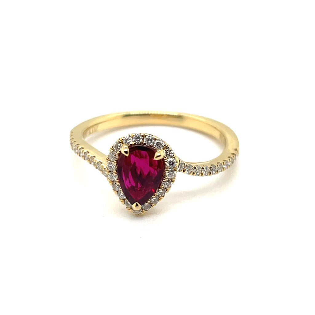 18kt 0.66Ct Pear Shape Ruby And Diamond Halo Style Ring