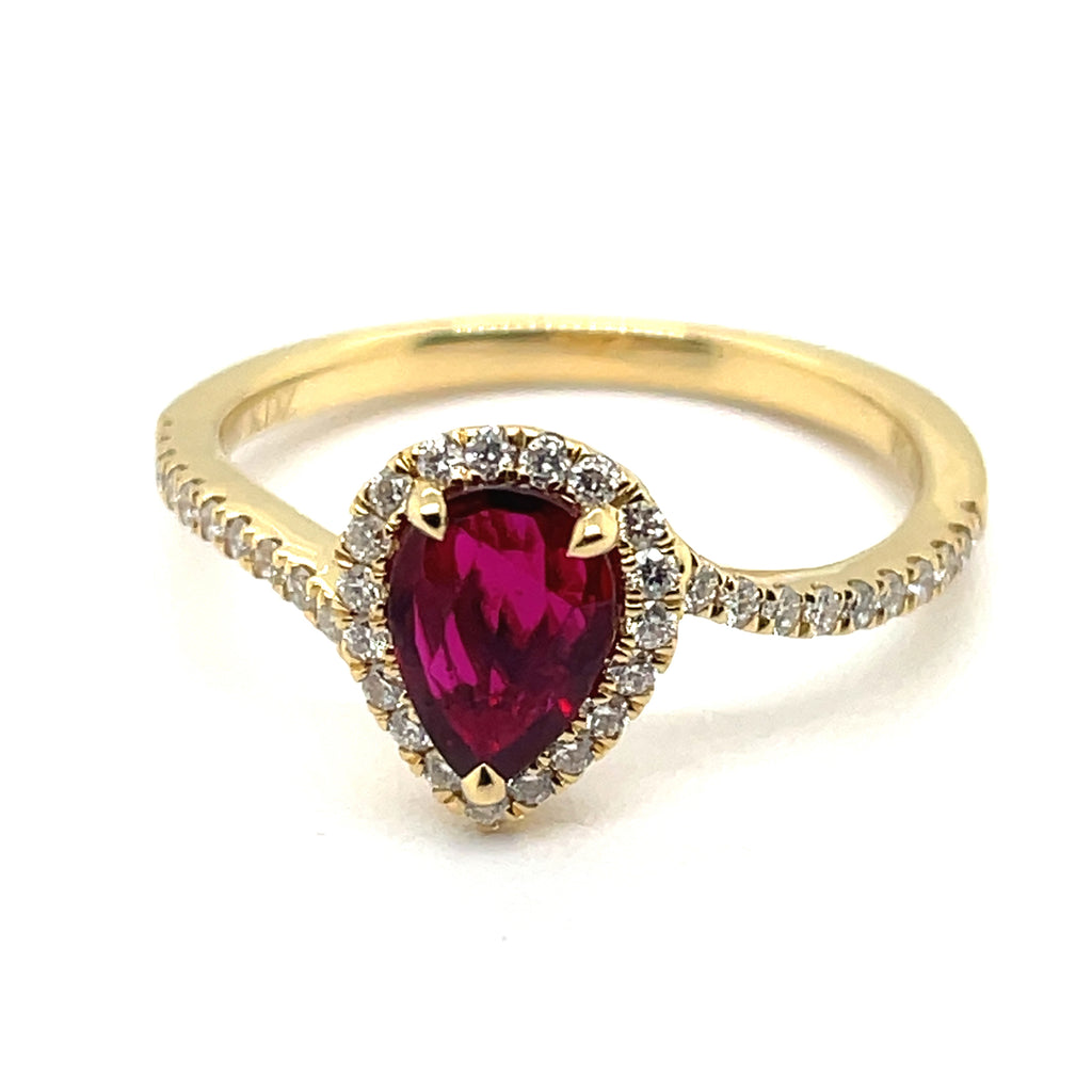 18kt 0.66Ct Pear Shape Ruby And Diamond Halo Style Ring