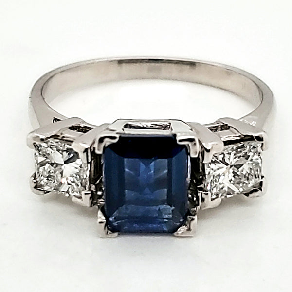 Platinum Emerald Cut Sapphire and Diamnd Ring