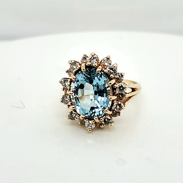 Large 14kt Yellow Gold Swiss Blue Topaz and Diamond Ring