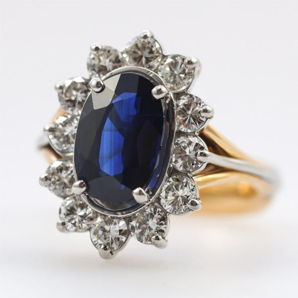 18kt Yellow Gold Platinum Diamond and 3.16 Carat Oval Sapphire Ring