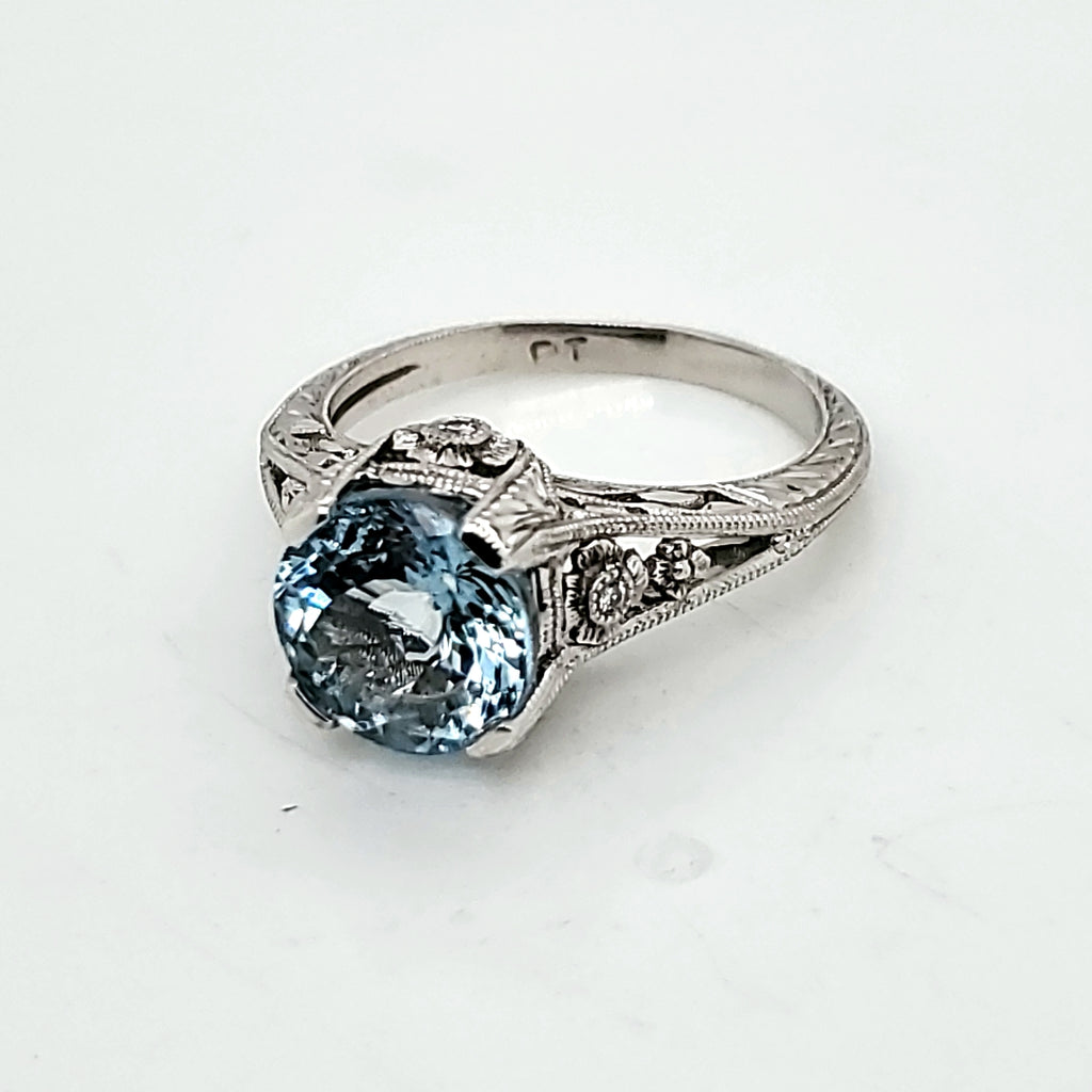 Platinum Aquamarine and Diamond Ring