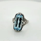 Art Deco 14Kt White Gold And Aquamarine Filigree Ring