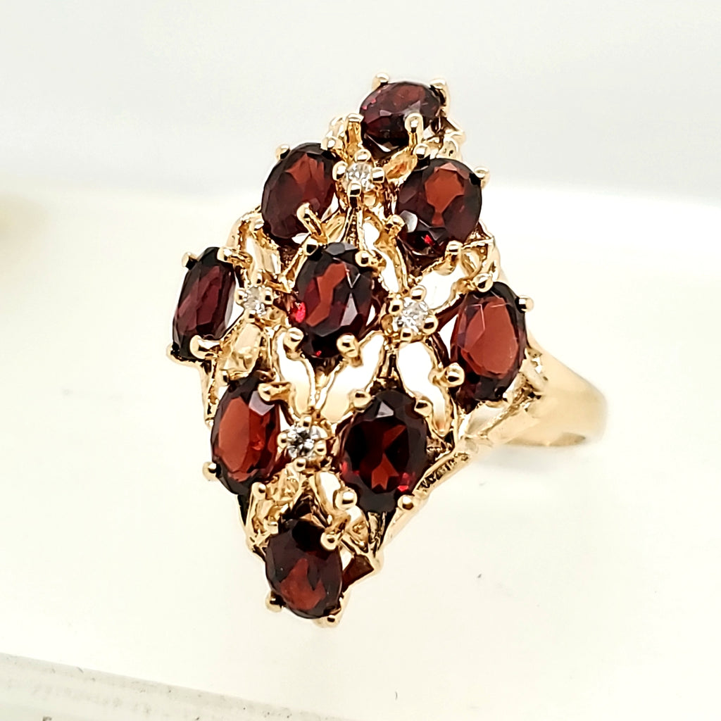 Large 14kt Yellow Gold Garnet and Diamond ring