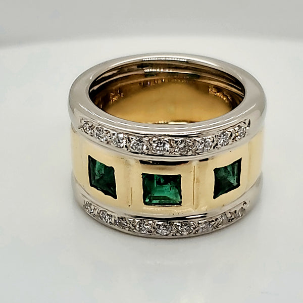 18kt Gold Emerald and Diamond Wide Band Ring