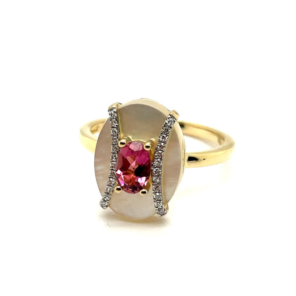 14kt Yellow Gold Pink Tourmaline Mother of Pearl and Diamond Ring
