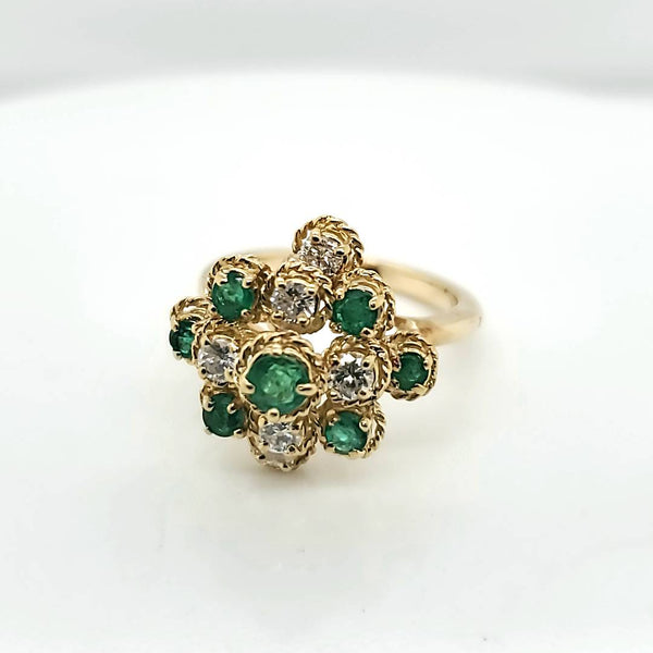 Vintage Mid-Century 18kt Yellow Gold Emerald and Diamond Ring