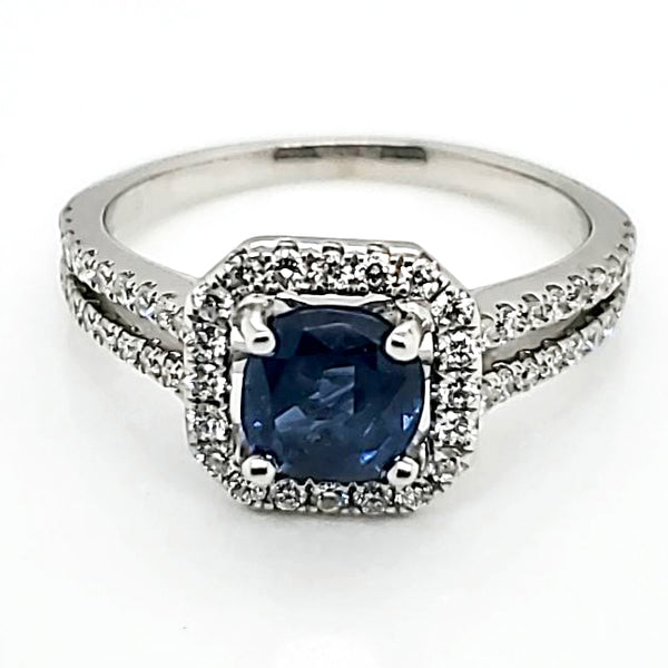 18kt White Gold Cushion Cut Sapphire and Diamond Ring