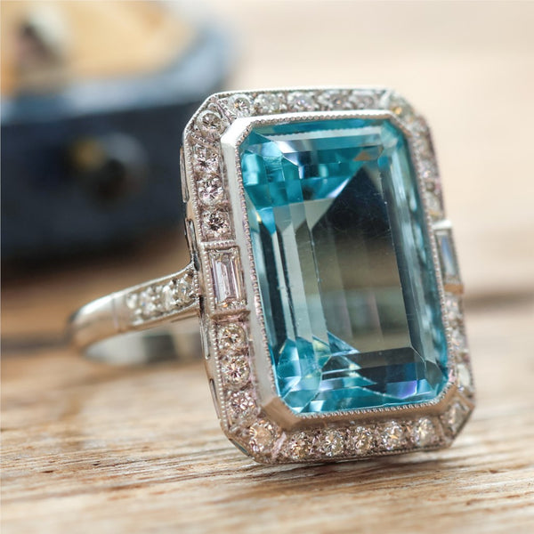 Platinum Aquamarine and Diamond Ring