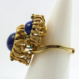 Vintage Brutalist 18kt Yellow Gold Lapis annd Emerald Ring