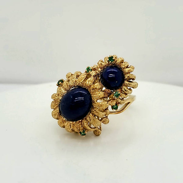 Vintage Brutalist 18kt Yellow Gold Lapis annd Emerald Ring