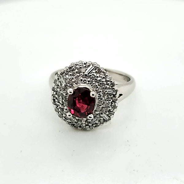 Ruby Ring with Unique Diamond Halo