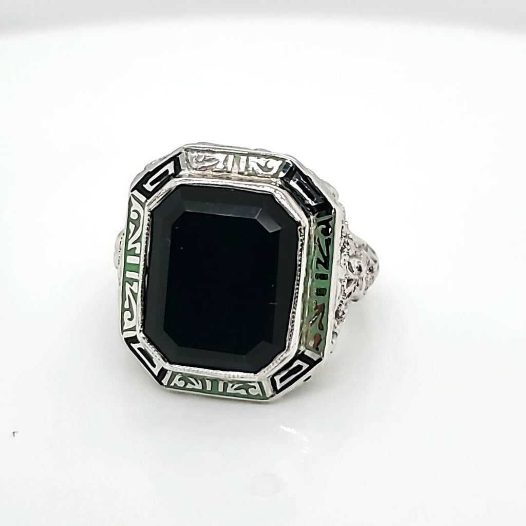 Art Deco 14kt White Gold Onyx and Enamel Ring