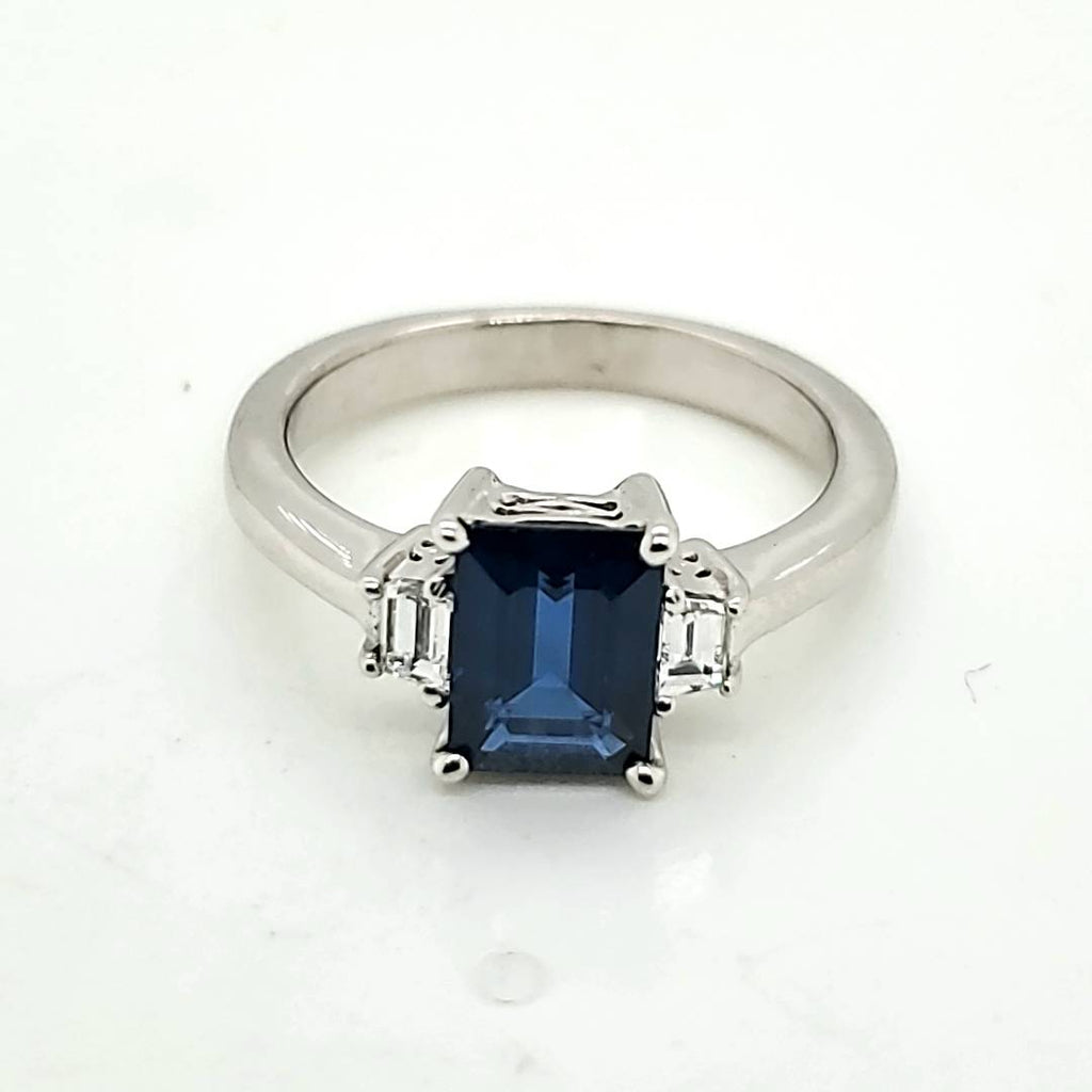 18kt White Gold Emerald Cut Sapphire and Diamond Ring