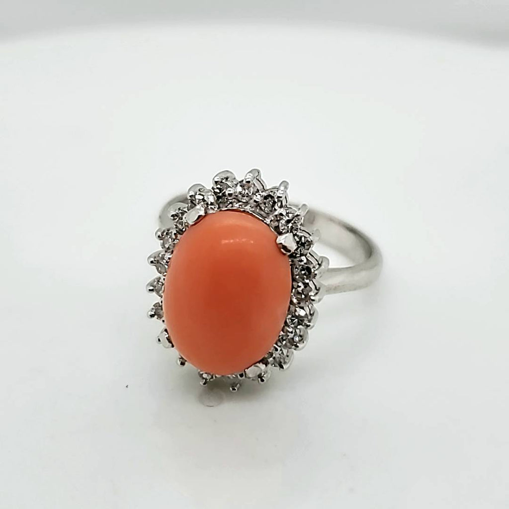 Vintage 18kt White Gold Coral and Diamond Ring