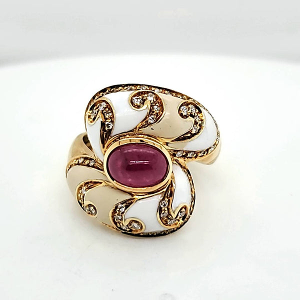 18Kt Yellow Gold Enameled Ruby & Diamond Ring By Giovane