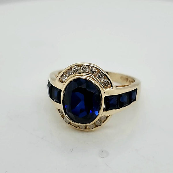14kt Yellow Gold Diamond and Synthetic Sapphire Ring