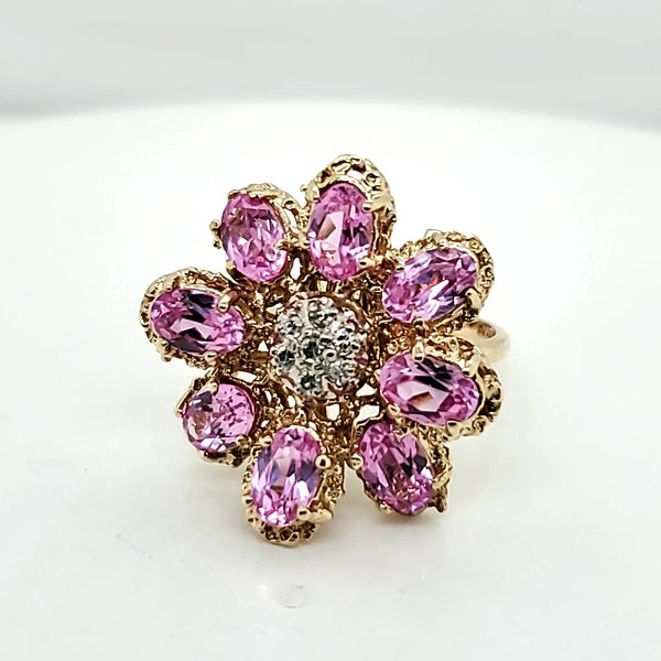 14kt Yellow Gold Pink Sapphire and Diamond Floral Ring