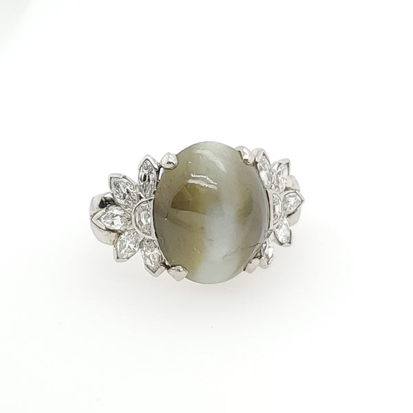 Vintage Platinum Cats Eye Chrysoberyl And Diamond Ring