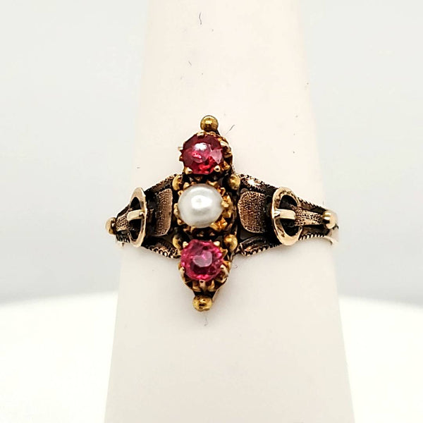 Antique Victorian 14kt Yellow Gold Ruby and Pearl Ring