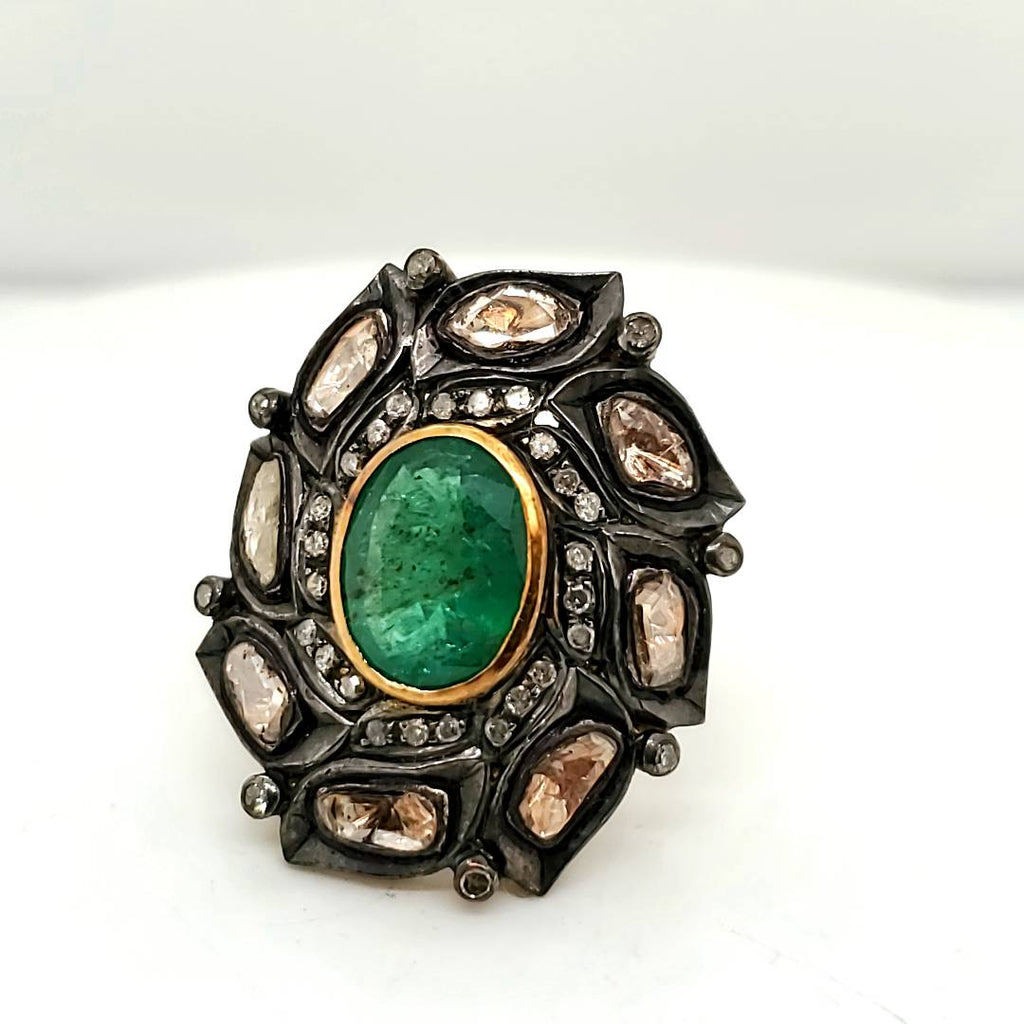 Sterling Silver and 18kt Yellow Gold Emerald and Diamond Ring