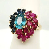 14Kt Yellow Gold Indicolite Tourmaline Ruby And Sapphire Ring