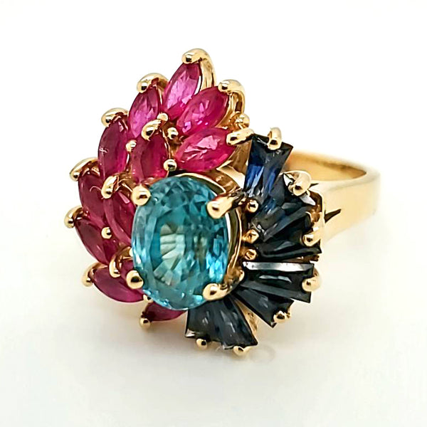 14Kt Yellow Gold Indicolite Tourmaline Ruby And Sapphire Ring