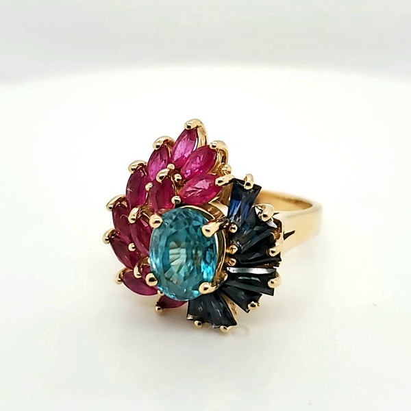 14Kt Yellow Gold Indicolite Tourmaline Ruby And Sapphire Ring