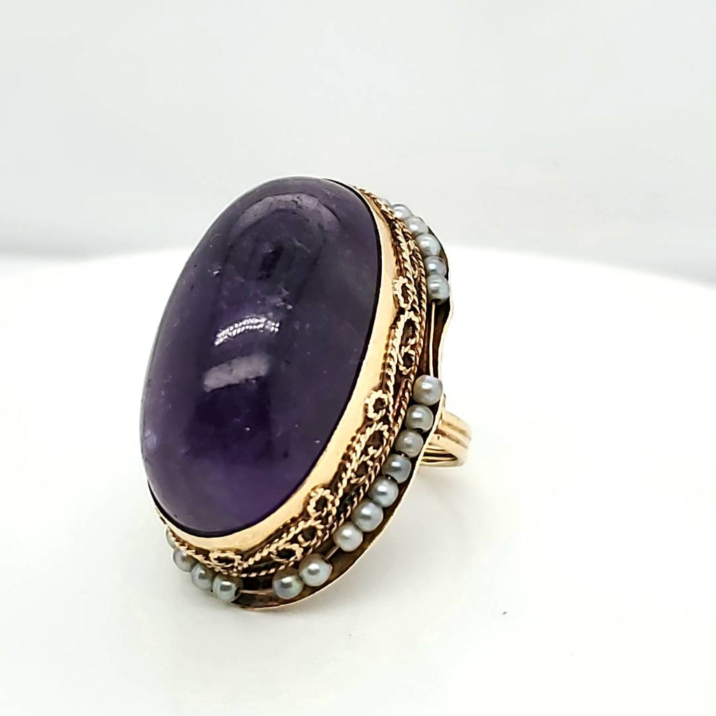 Art Deco 14kt Yellow Gold Filigree Amethyst and Pearl Ring