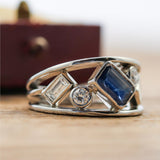 Platinum diamond and sapphire ring