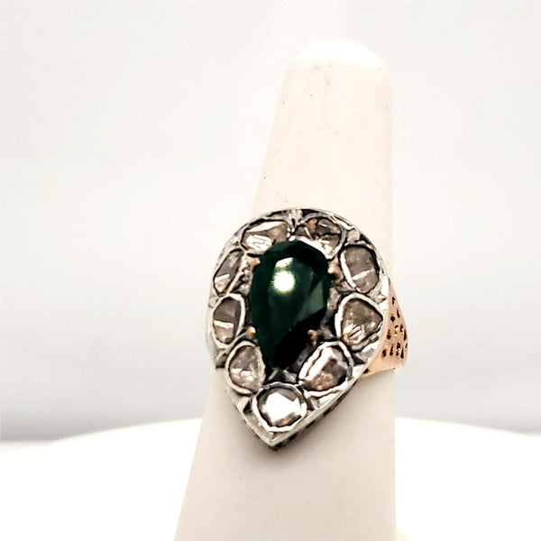 Silver on 14kt Yellow Gold Emerald and Diamond Ring