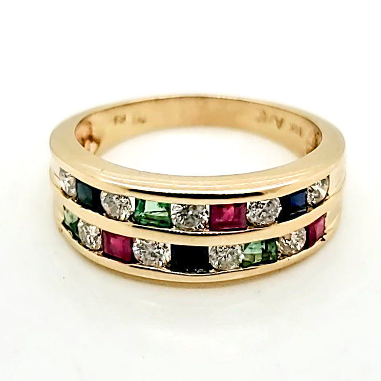 14Kt Yellow Gold Diamond Emerald Sapphire and Ruby Ring