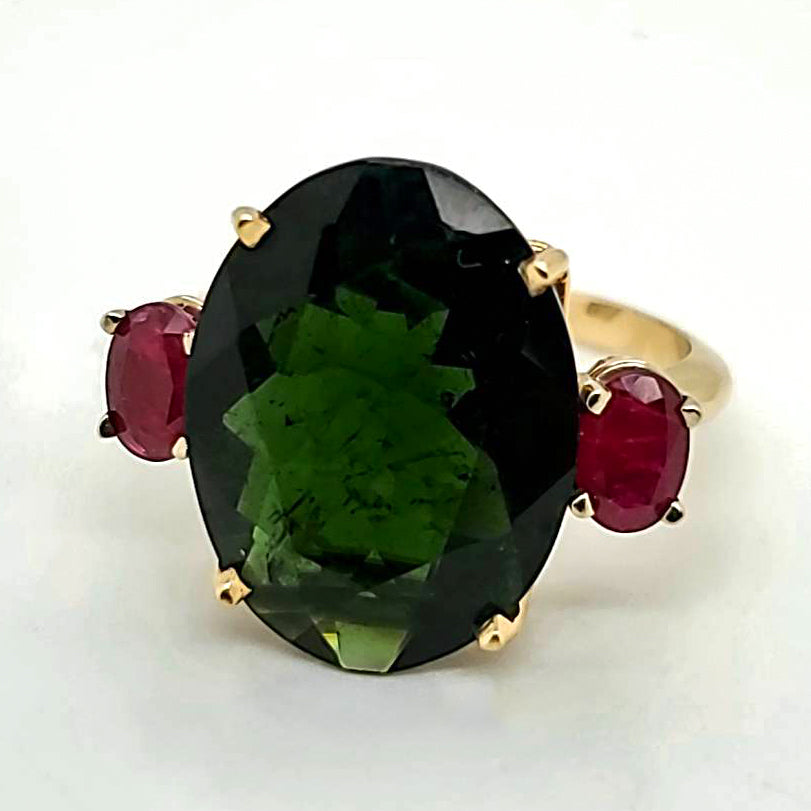 14kt Yellow Gold Green Tourmaline and Ruby Ring